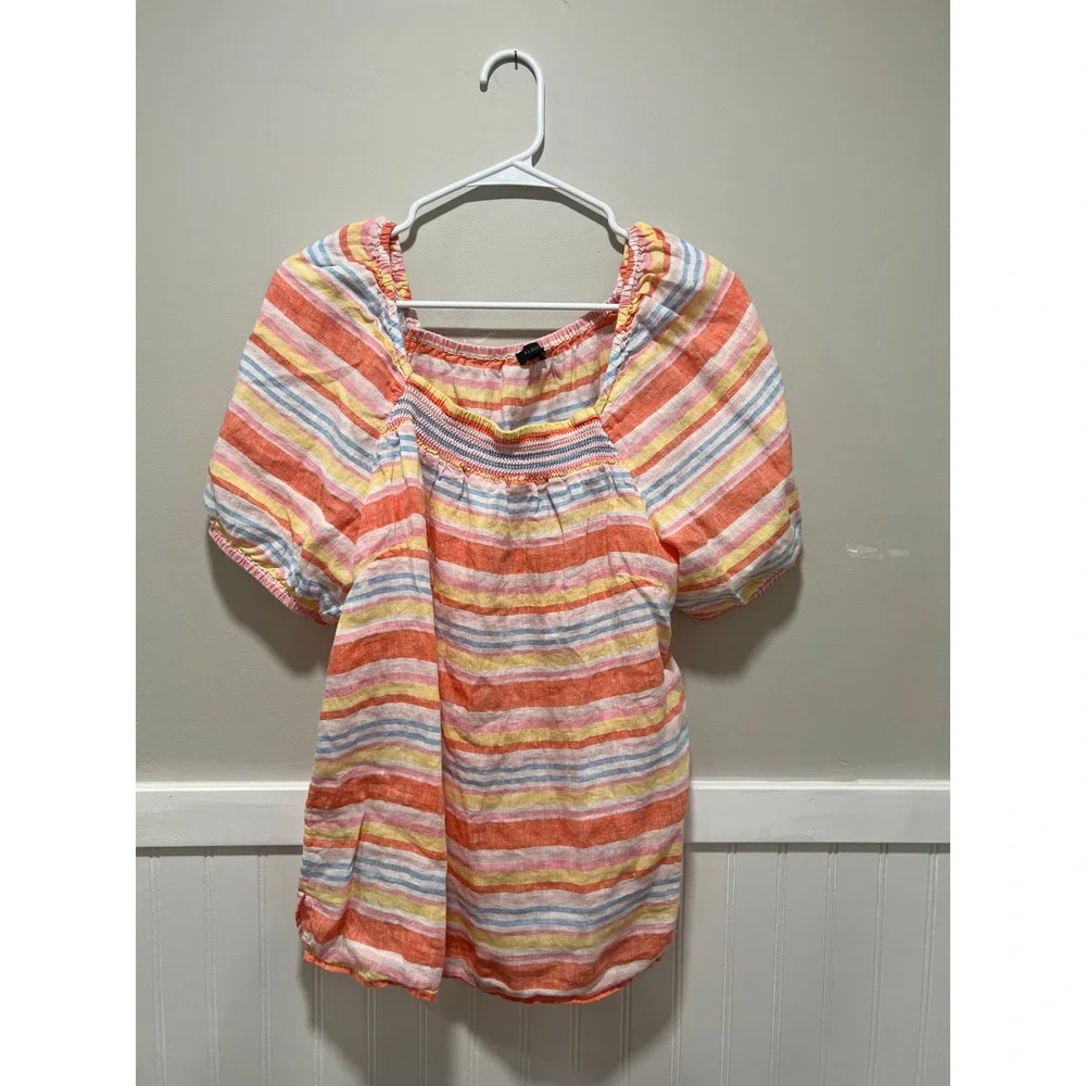 Talbots Puffy Short Sleeve Blouse Stripes Linen Multi-colored Women Size Large - Picture 1 of 5